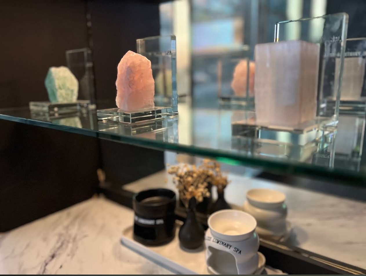 Rose quartz and healing crystals display