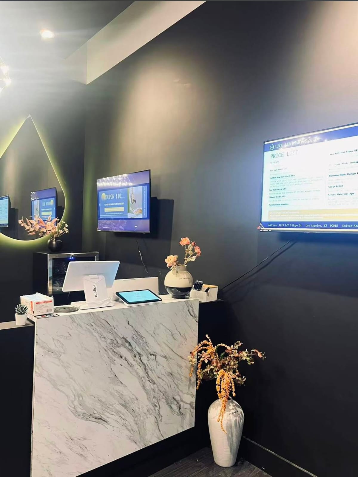 Spa reception desk with price list